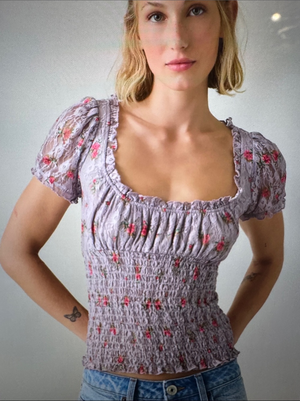 Urban Outfitters BDG Flora Lace Smocked Square Neck Milkmaid Blouse